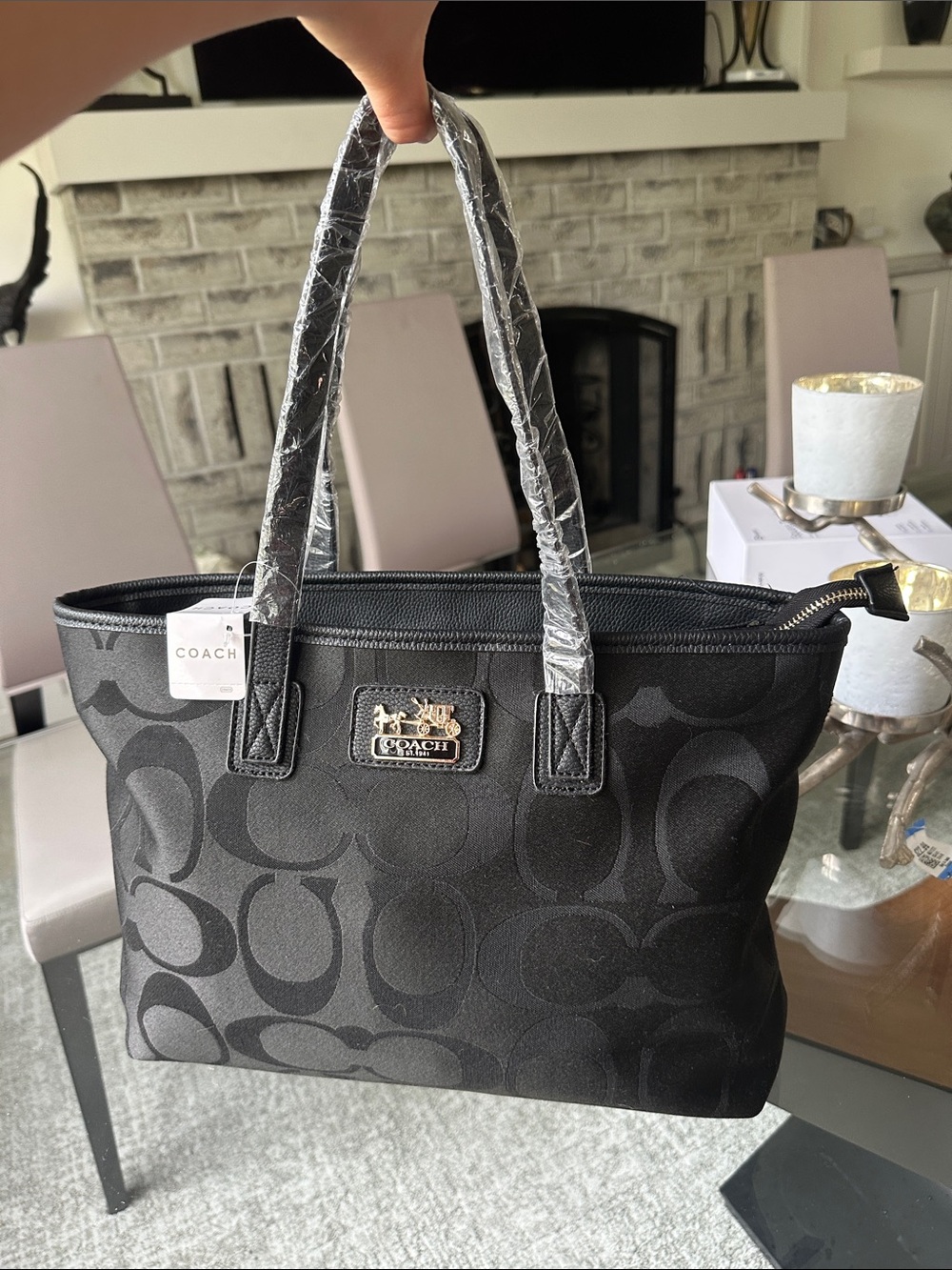 Coach Black Signature Jacquard Tote with Gold Logo Plaque